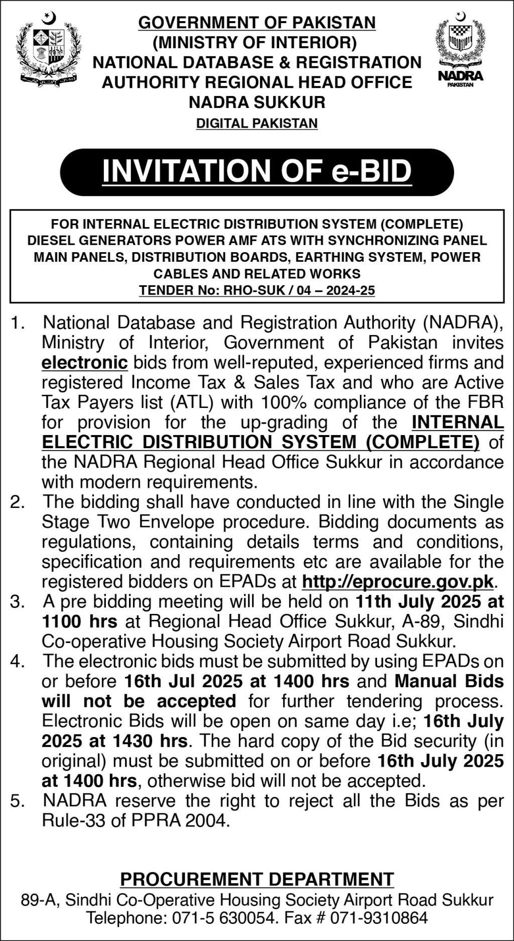 National Database & Registration Authority Sukkur Tender Notice